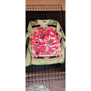 Fashion Express green/pink  satin V-neck Blouse XL
